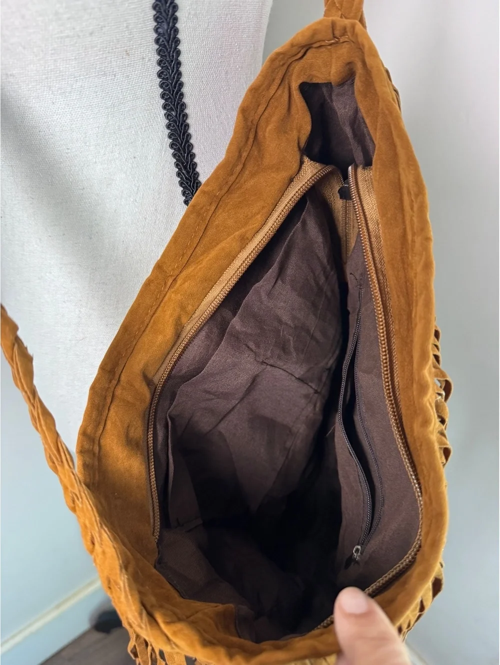 Brown Faux Suede Fringe Crossbody Bag Braided Strap Boho Western Festival